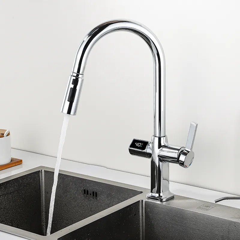 Robinet évier cuisine thermostatique affichage numérique flexible douchette - Argenté - Laiton