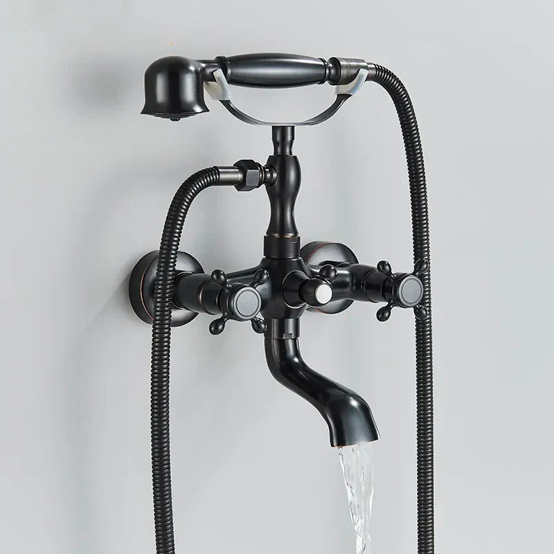 Robinet baignoire salle de bain rétro douchette - Noir - Laiton
