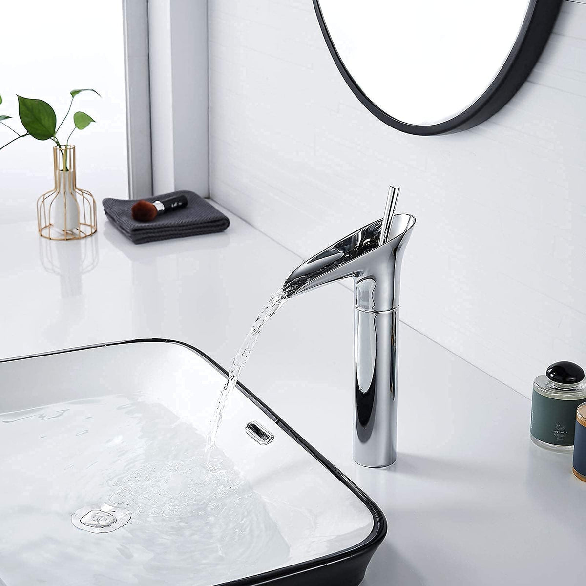 Robinet salle de bain lavabo bambou cascade - Argenté - Laiton