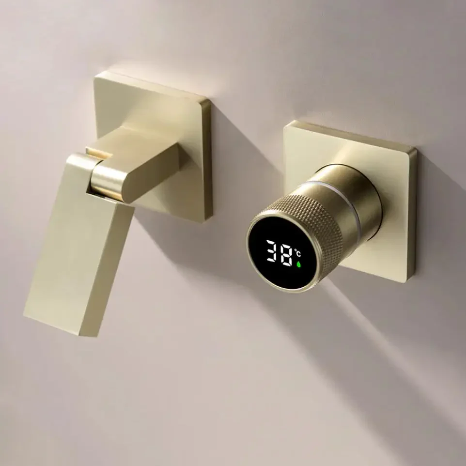 Robinet salle de bain lavabo mural encastrable pivotant - Doré - Laiton