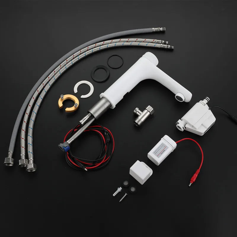 Robinet lavabo salle de bain tactile mitigeur rond - Blanc - Laiton