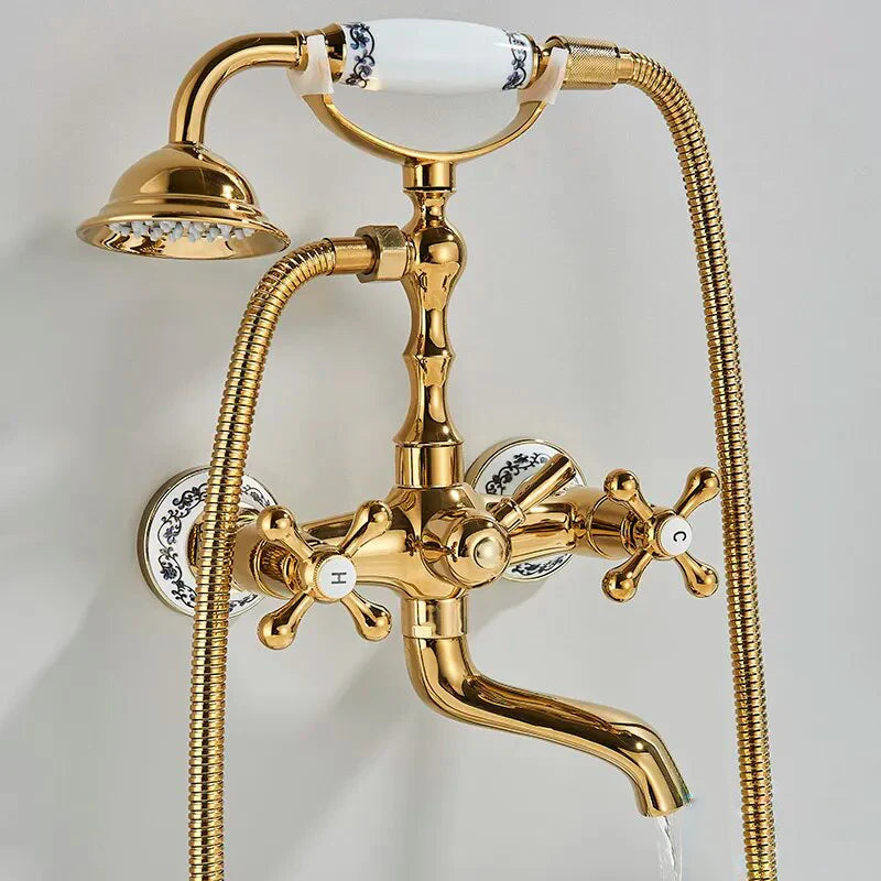 Robinet baignoire salle de bain rétro céramique douchette - Doré - Laiton