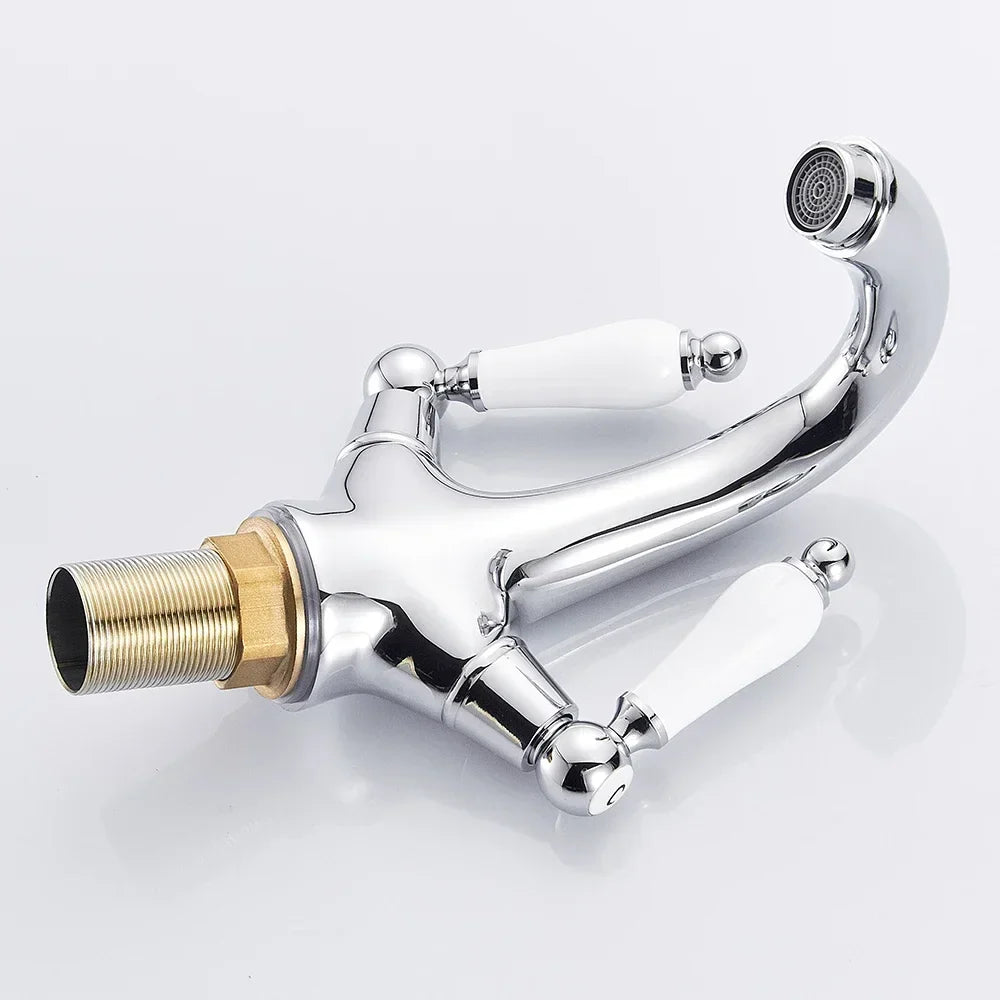 Robinet rétro lavabo deux poignées céramique - Argenté - Laiton