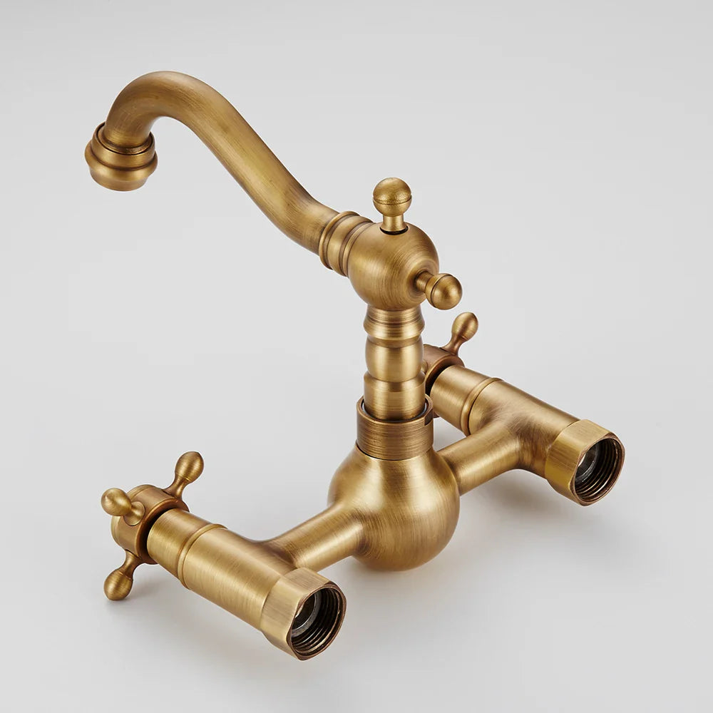 Robinet évier de cuisine vintage mural double poignées - Doré - Laiton