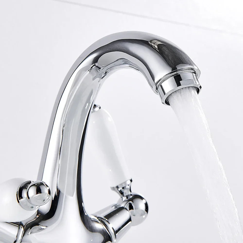 Robinet rétro lavabo deux poignées céramique - Argenté - Laiton