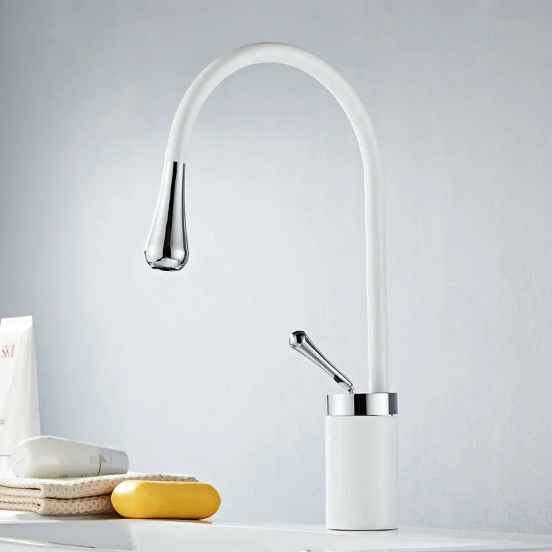 Robinet salle de bain lavabo design arrondi goutte - Blanc - Laiton