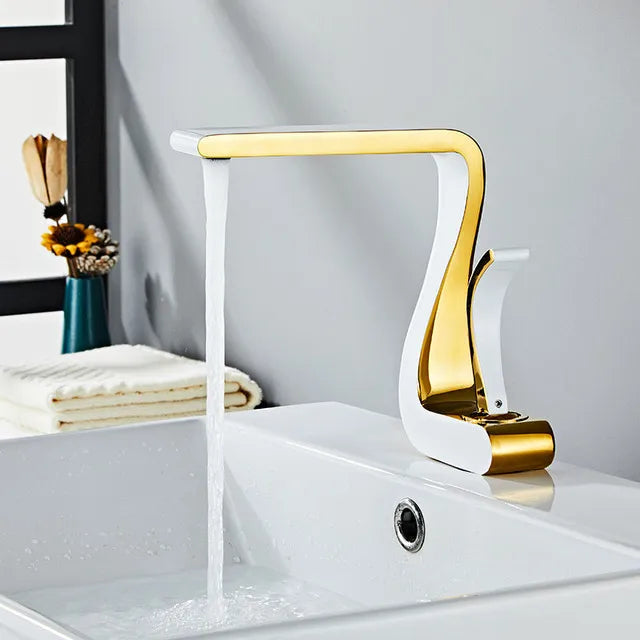 Robinet lavabo salle de bain mitigeur design incurvé - Blanc - Laiton