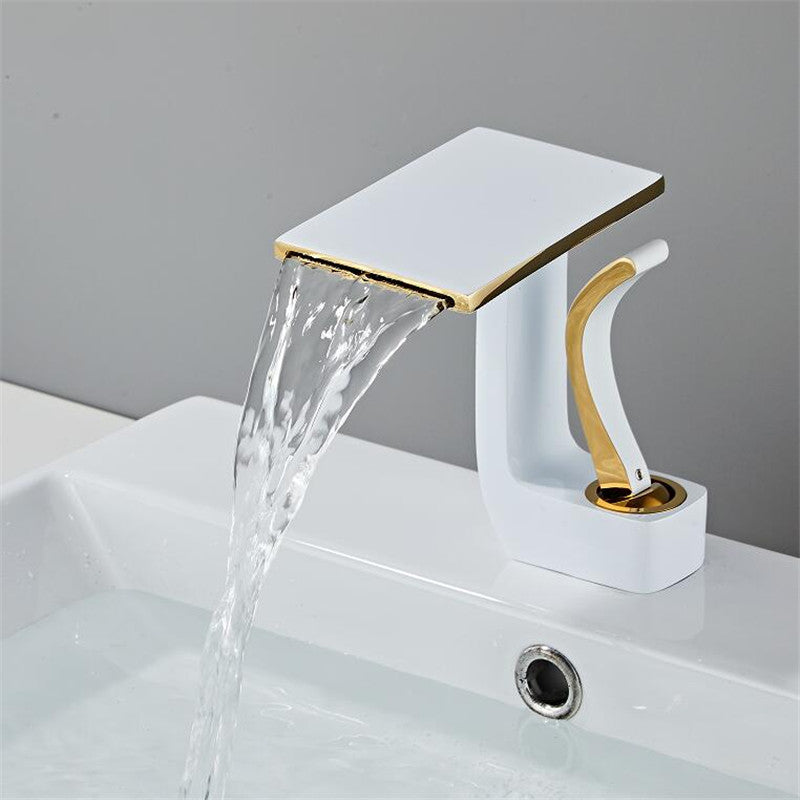 Robinet lavabo salle de bain plat géométrique mitigeur design - Blanc - Laiton