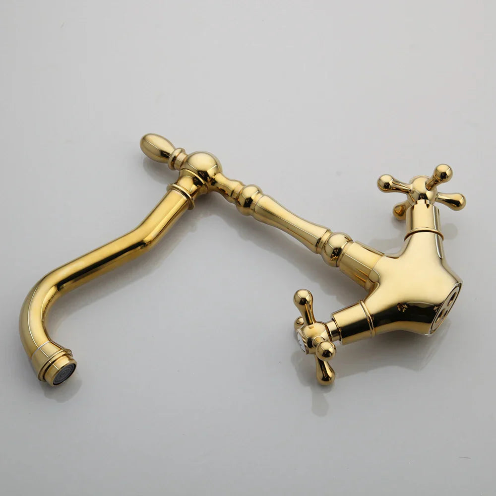 Robinet cuisine évier rétro double poignées - Doré - Laiton