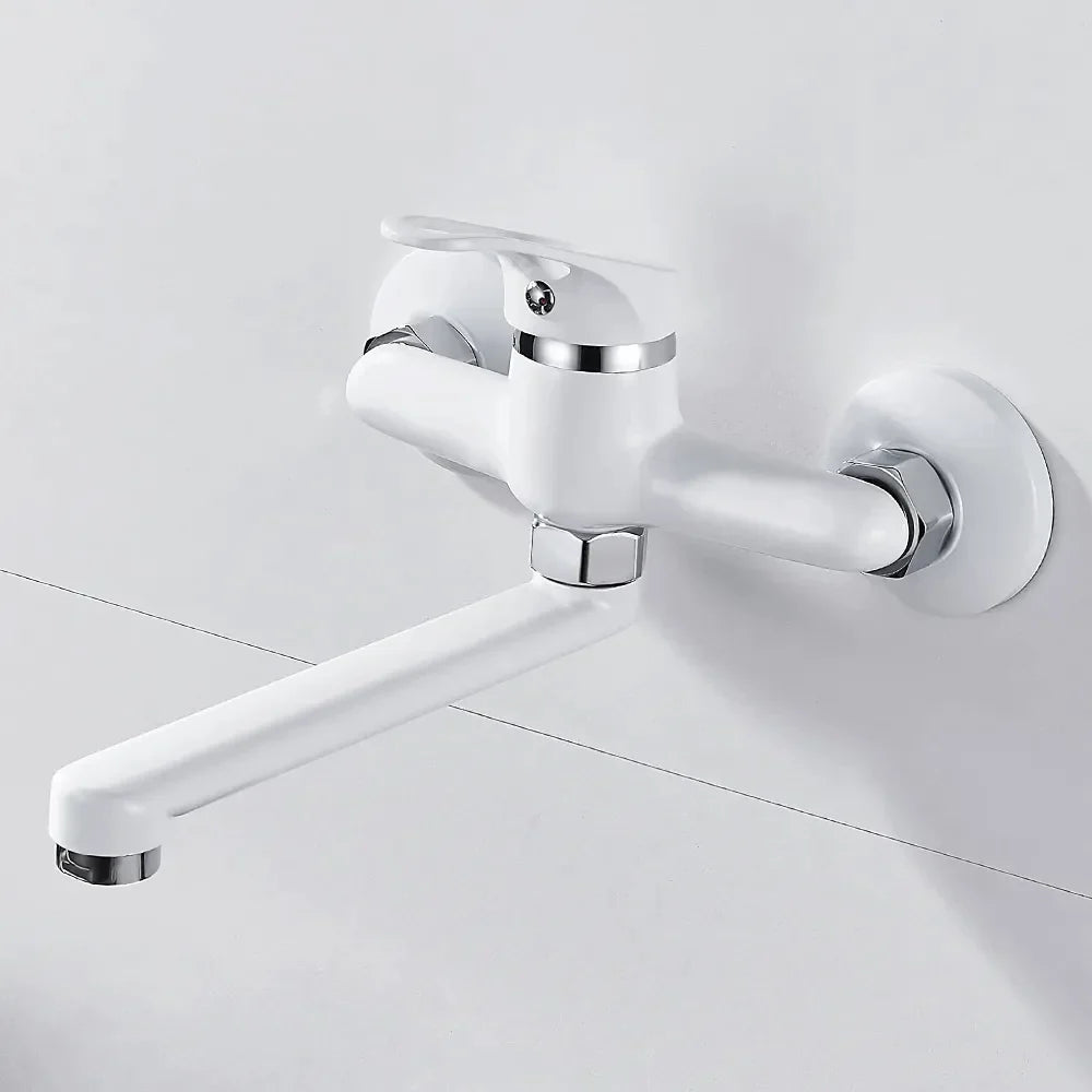 Robinet évier cuisine mitigeur encastrable mural - Blanc - Laiton