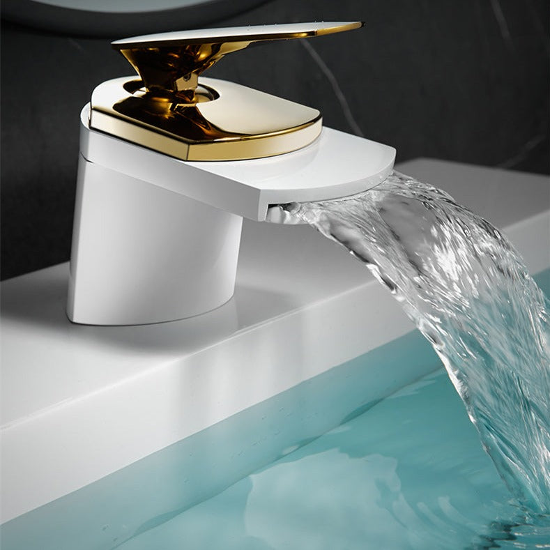 Robinet lavabo salle de bain large design cascade - Blanc / Doré