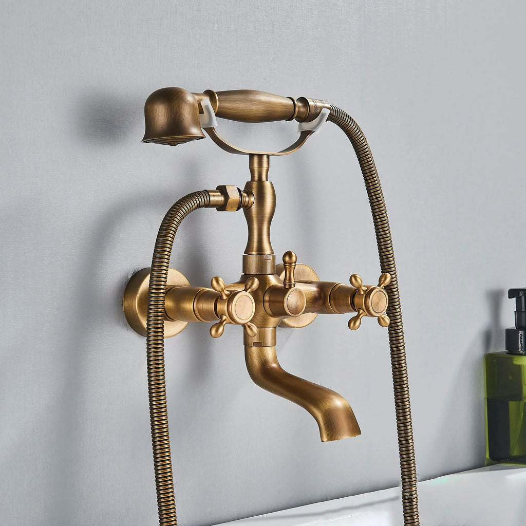 Robinet baignoire salle de bain rétro céramique douchette - Doré - Laiton