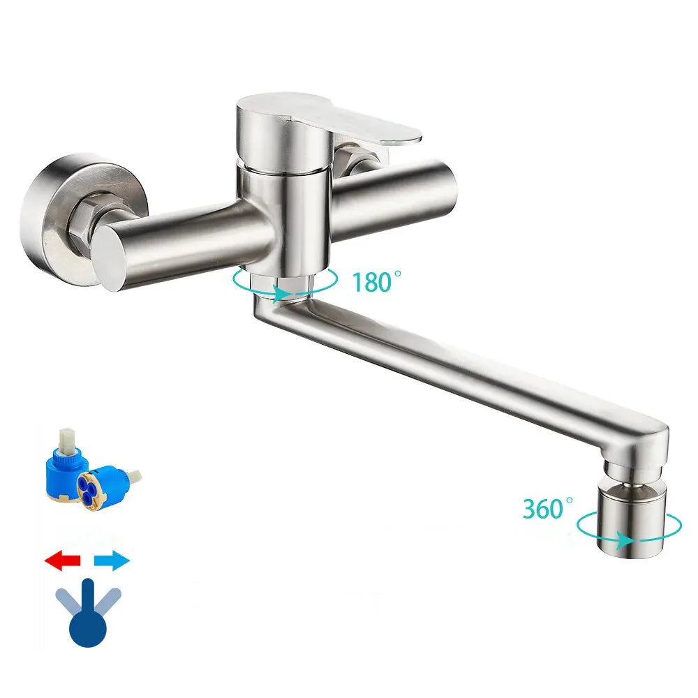 Robinet évier cuisine mural encastrable pivotant multijet  - Argenté