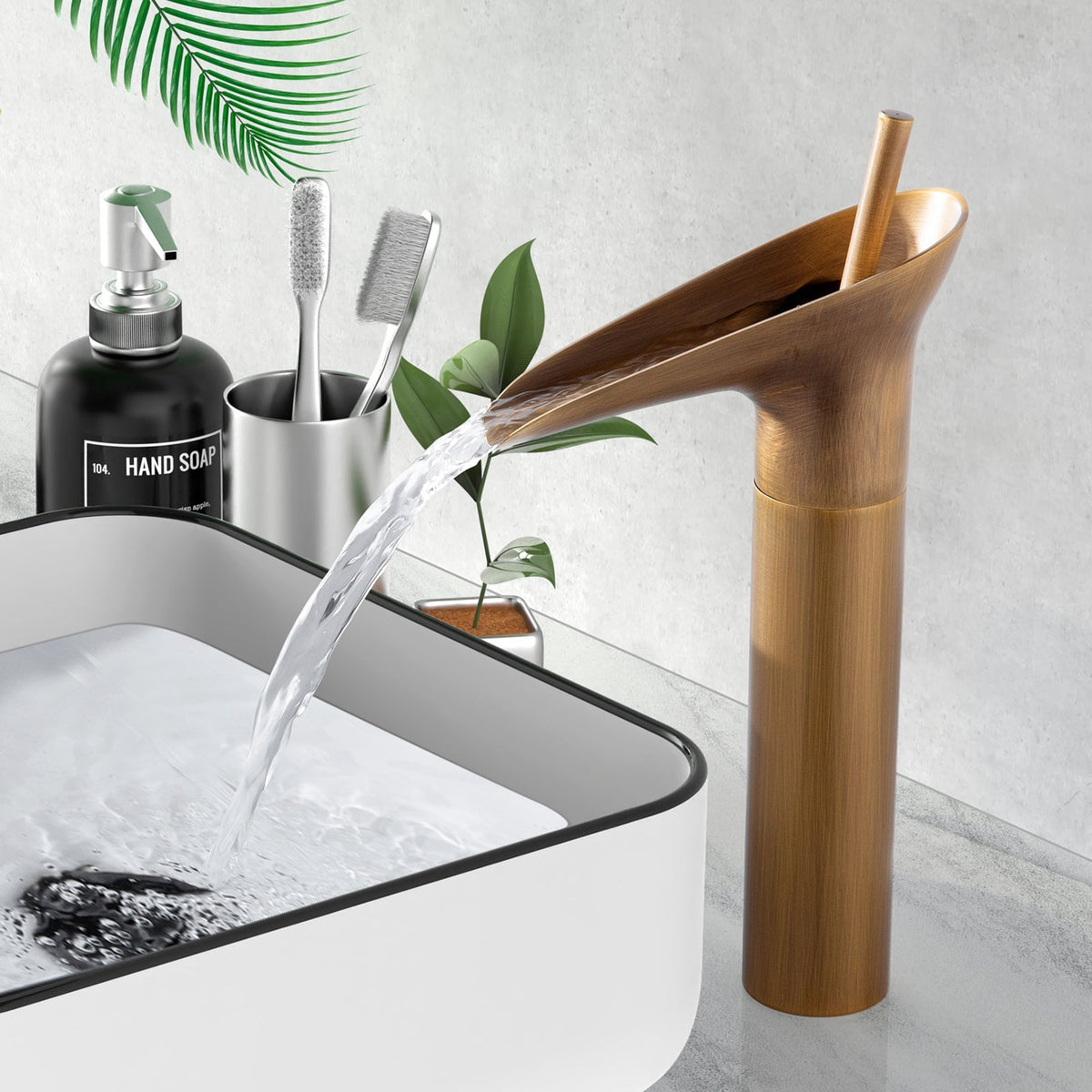 Robinet salle de bain lavabo bambou cascade - Doré - Laiton