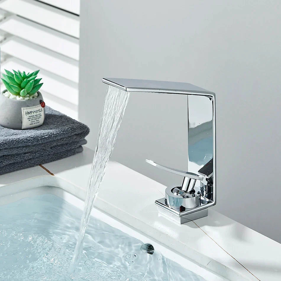 Robinet design lavabo salle de bain cascade - Argenté - Laiton