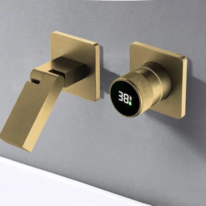 Robinet salle de bain lavabo mural encastrable pivotant - Doré - Laiton