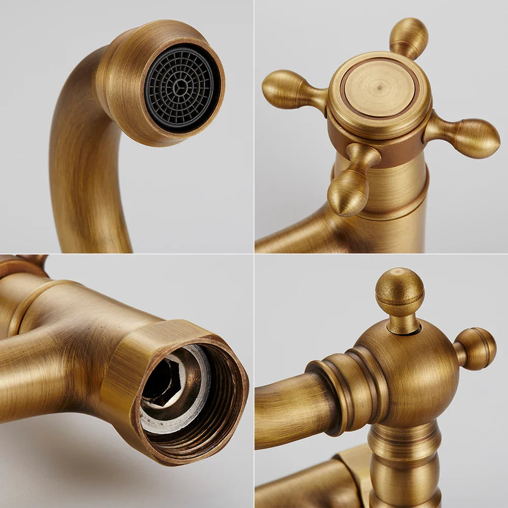 Robinet évier de cuisine vintage mural double poignées - Doré - Laiton