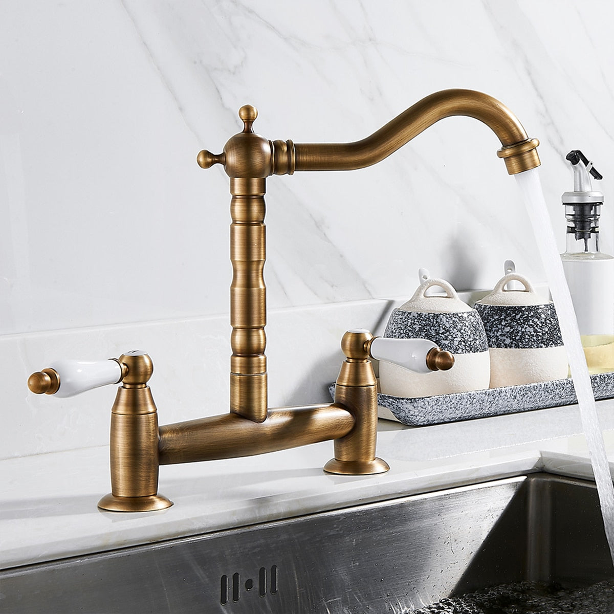 Robinet cuisine évier vintage poignées céramique rétro - Doré - Laiton