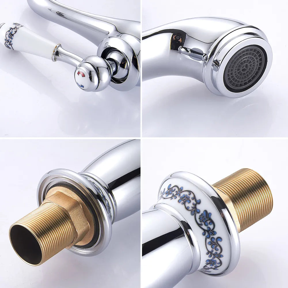 Robinet lavabo salle de bain rétro poignée céramique - Argenté - Laiton