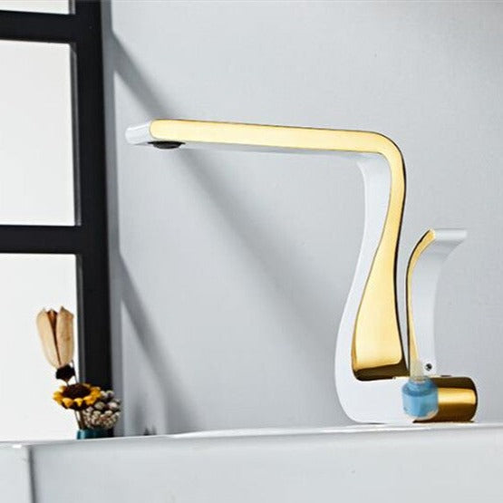 Robinet lavabo salle de bain mitigeur design incurvé - Blanc - Laiton