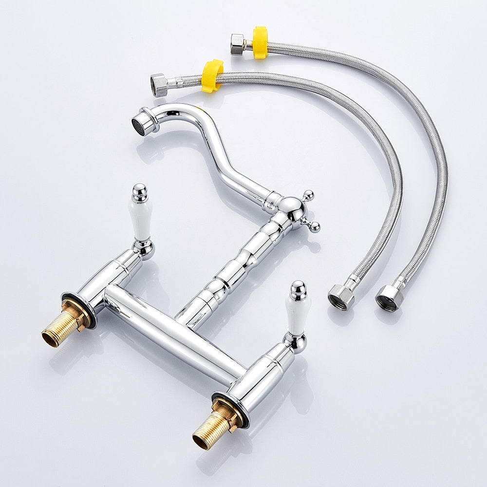 Robinet cuisine évier vintage poignées céramique rétro - Argenté - Laiton