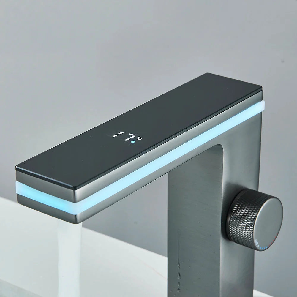 Robinet lavabo salle de bain affichage numérique - Argenté - Laiton