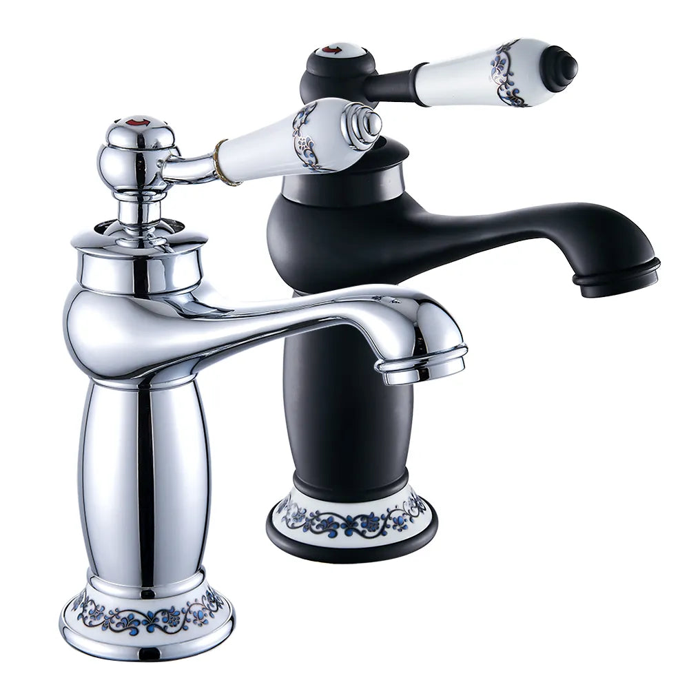 Robinet lavabo salle de bain rétro poignée céramique - Noir - Laiton