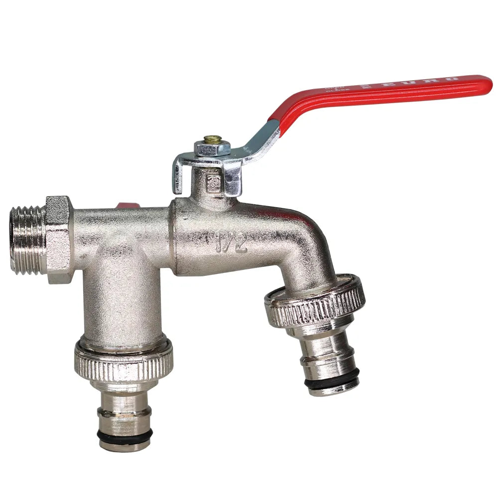 Robinet extérieur de jardin 2 sorties vanne rouge - Argenté