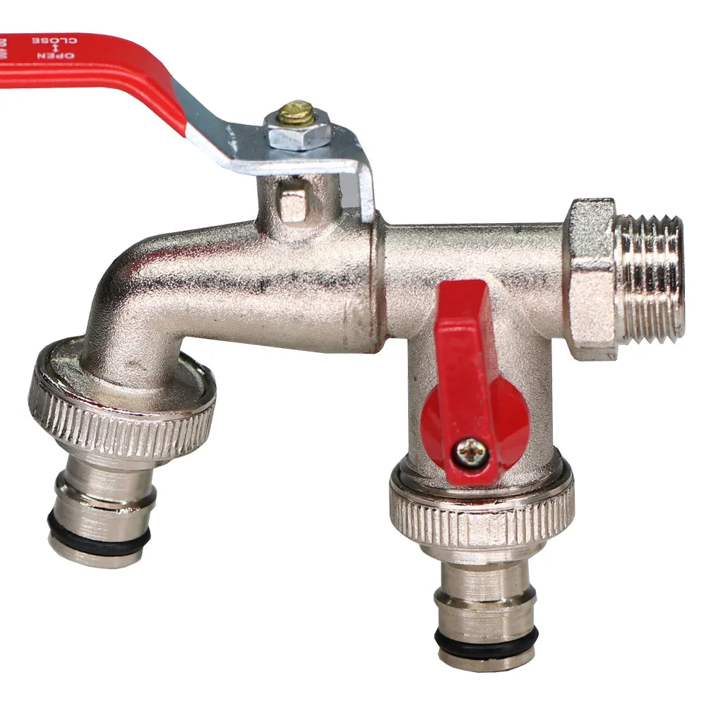 Robinet extérieur de jardin 2 sorties vanne rouge - Argenté