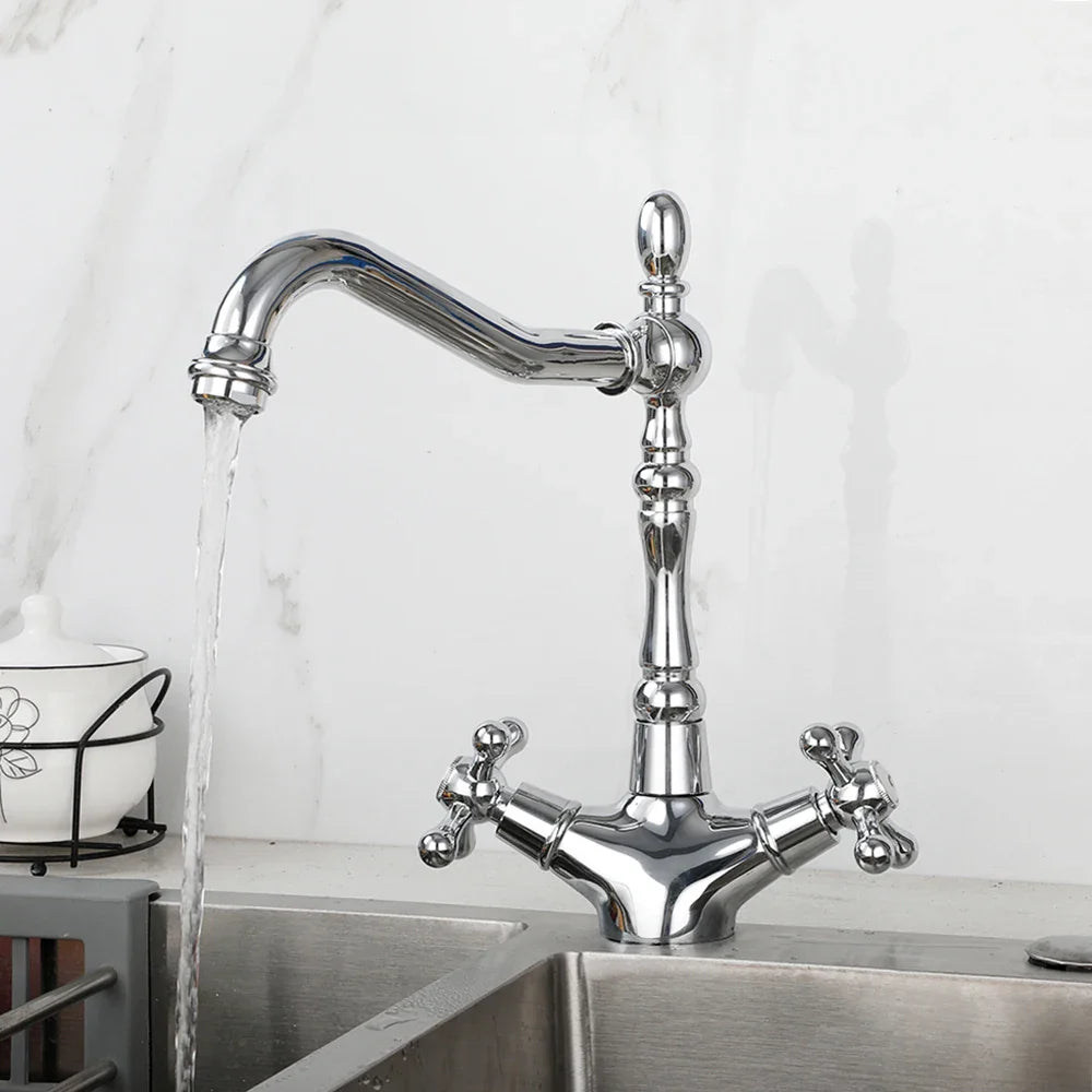 Robinet cuisine évier rétro double poignées - Argenté - Laiton