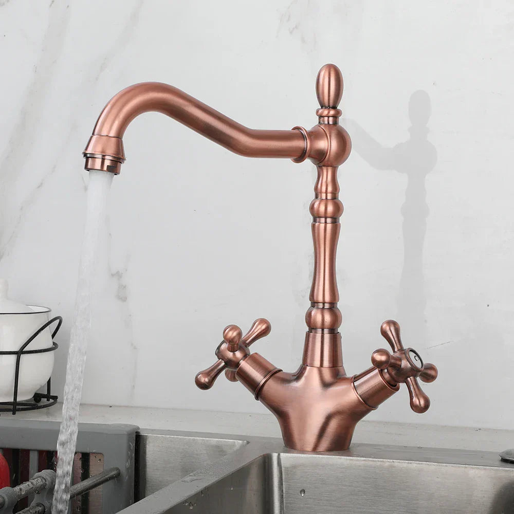 Robinet cuisine évier rétro double poignées - Doré - Laiton