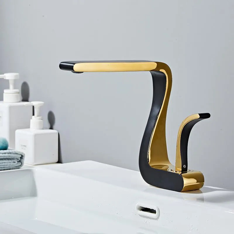 Robinet lavabo salle de bain mitigeur design incurvé - Noir - Laiton