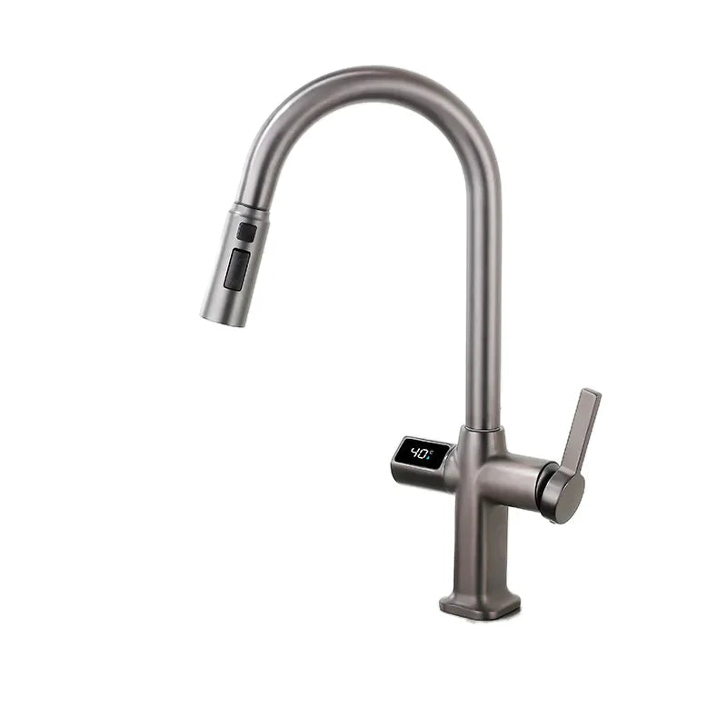 Robinet évier cuisine thermostatique affichage numérique flexible douchette - Argenté - Laiton