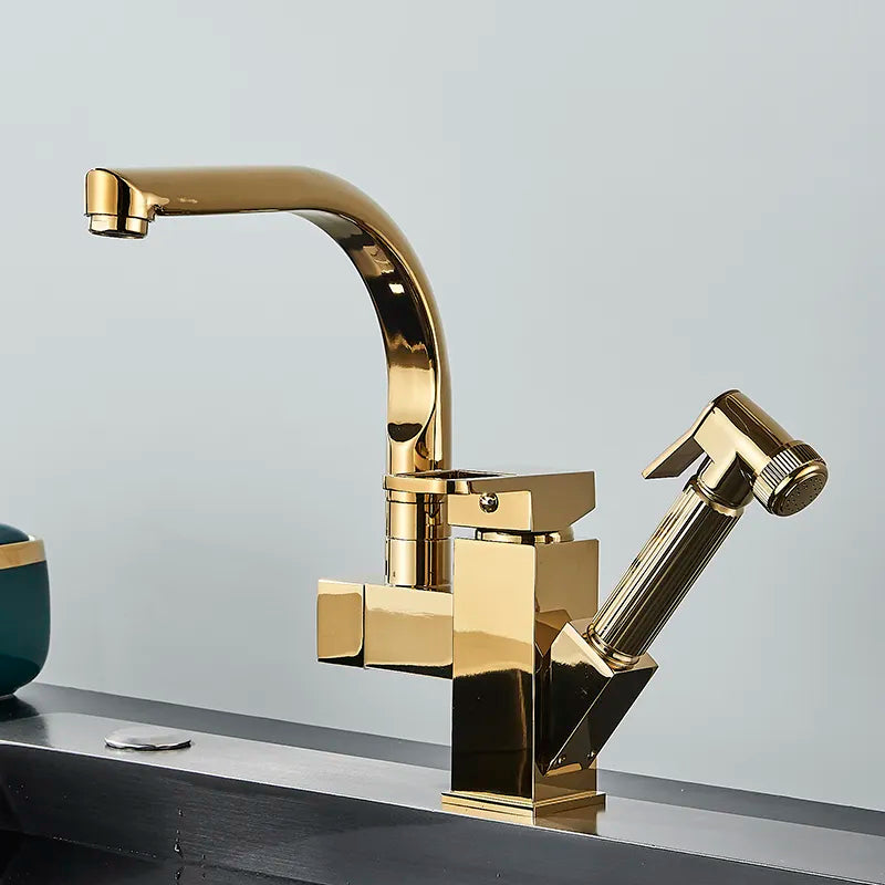 Robinet évier cuisine design mitigeur flexible douchette pistolet - Doré - Laiton