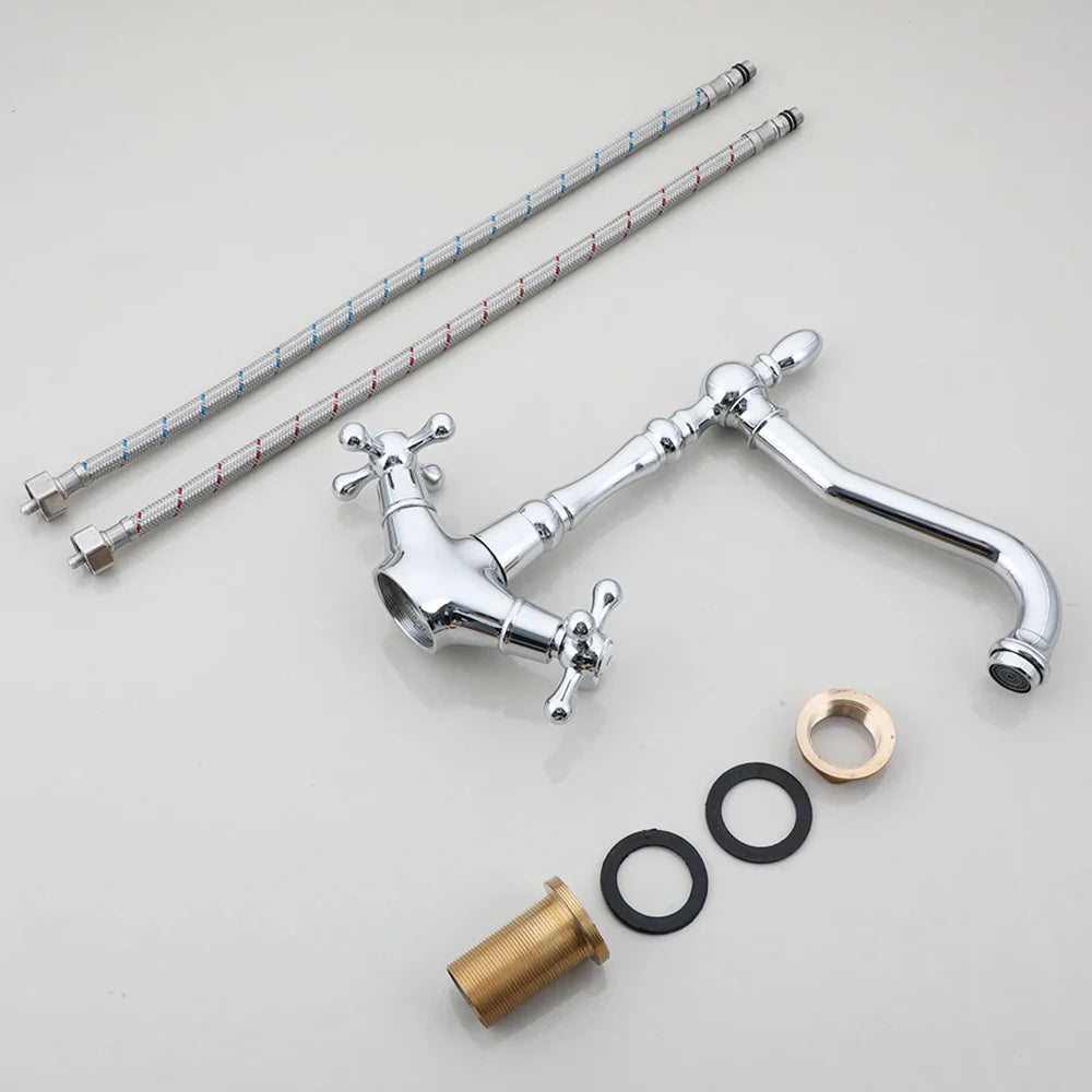 Robinet cuisine évier rétro double poignées - Argenté - Laiton