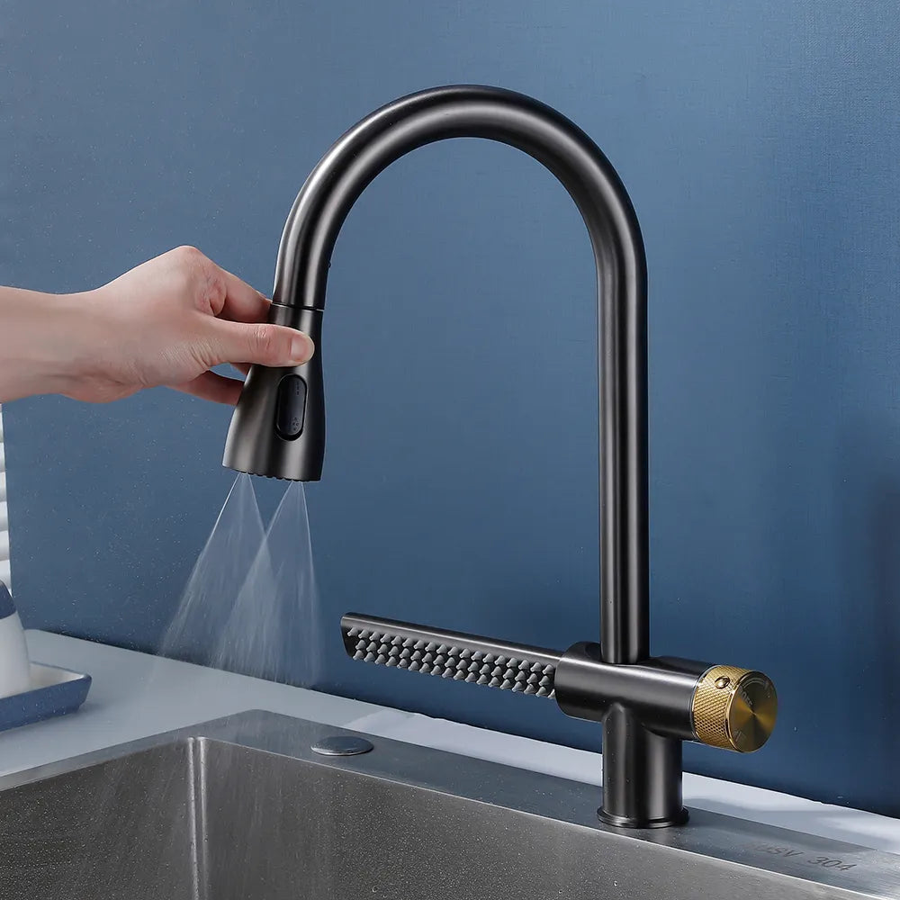 Robinet évier cuisine cascade flexible douchette - Noir - Laiton