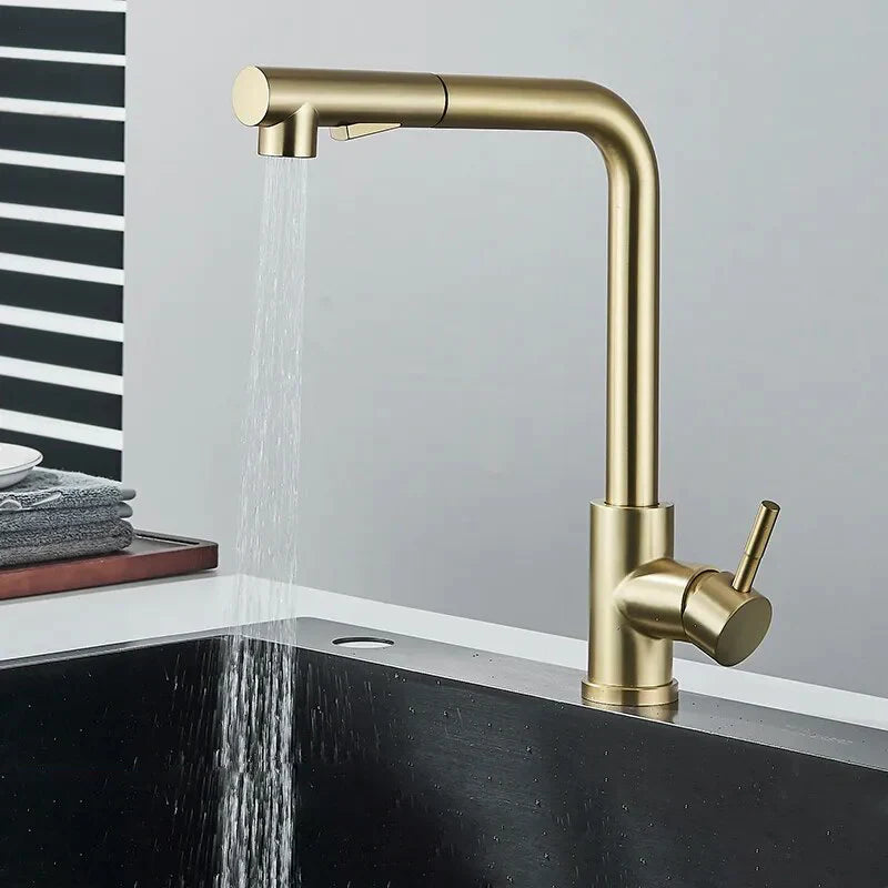 Robinet évier cuisine minimaliste flexible rétractable douchette - Doré