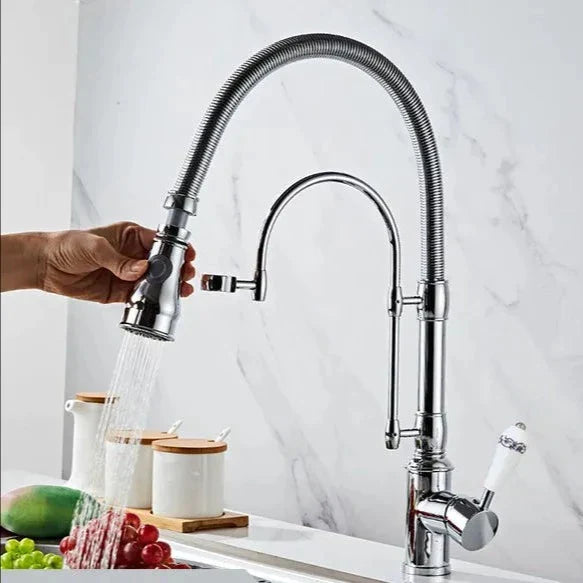 Robinet cuisine évier douchette rétro poignée céramique - Argenté - Laiton