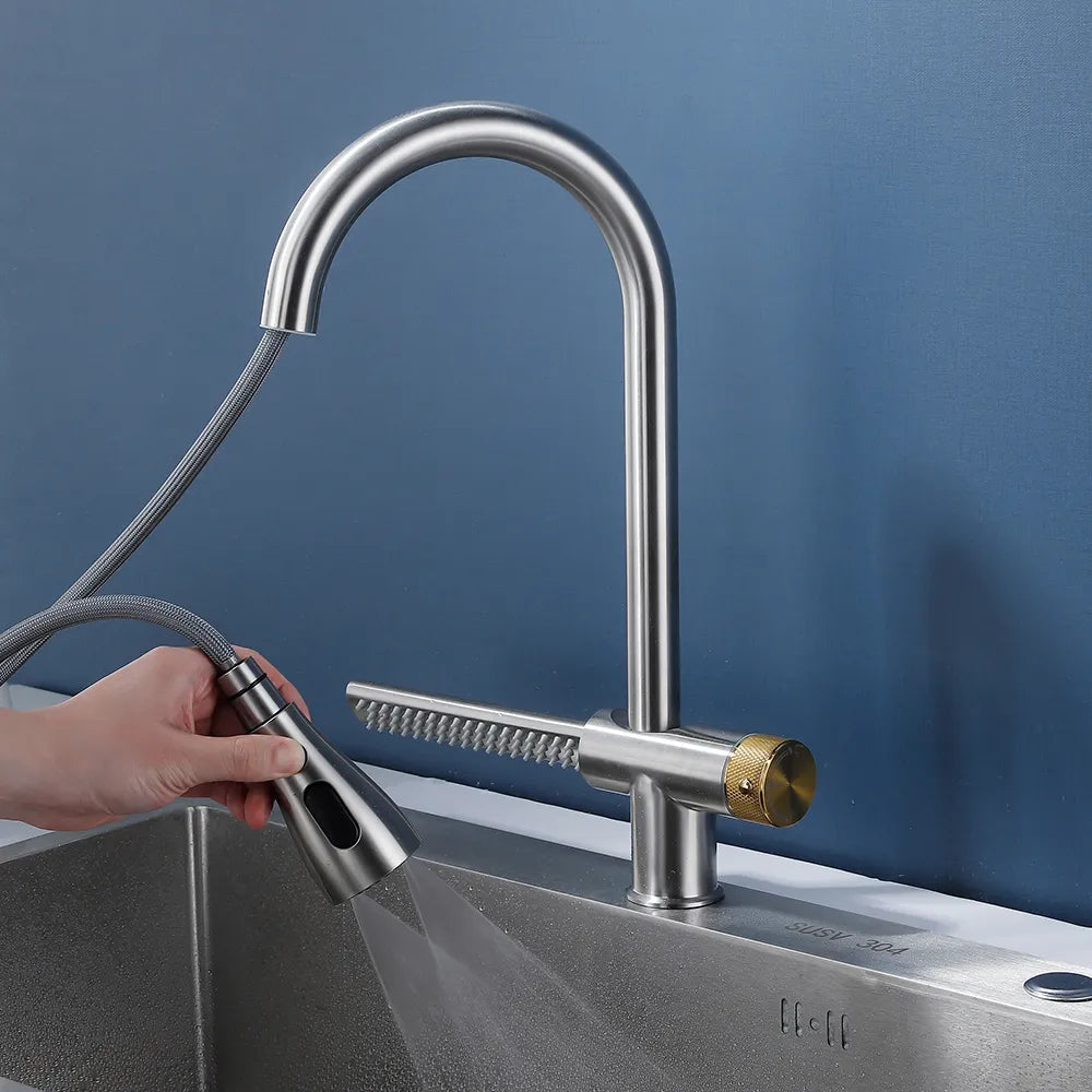 Robinet évier cuisine cascade flexible douchette - Argenté - Laiton