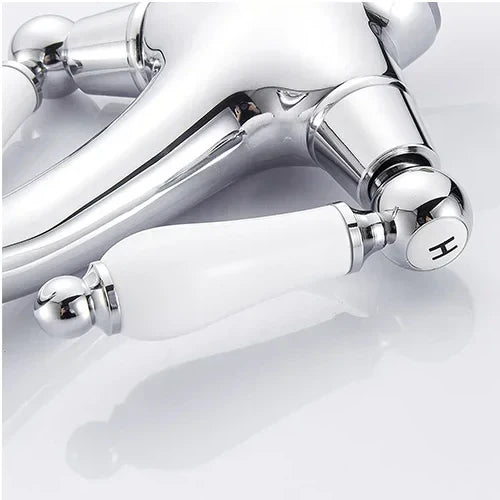 Robinet rétro lavabo deux poignées céramique - Argenté - Laiton