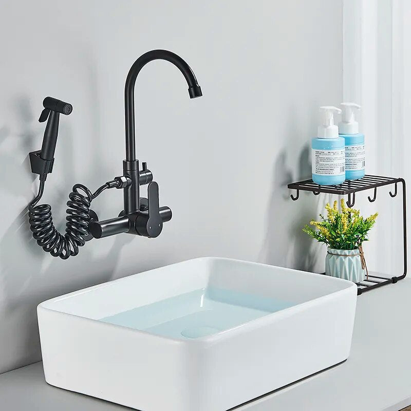 Robinet évier cuisine mural encastrable douchette pistolet flexible - Noir