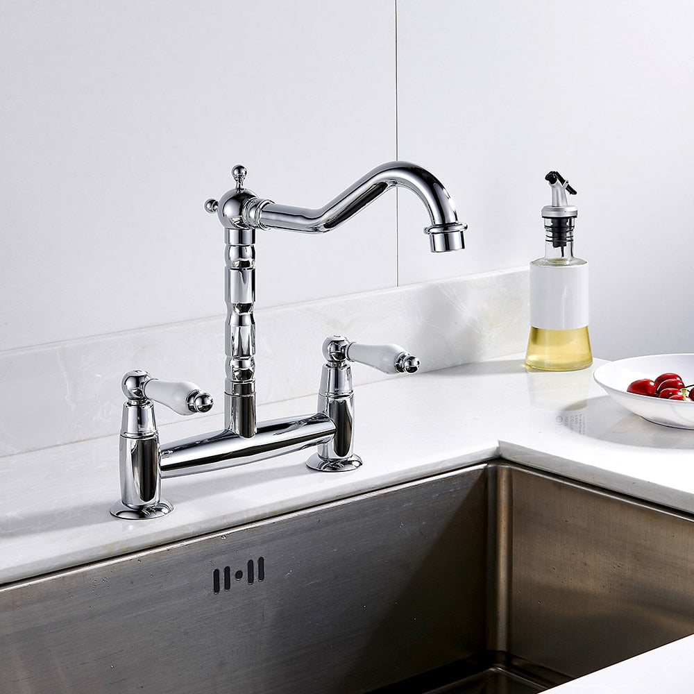 Robinet cuisine évier vintage poignées céramique rétro - Argenté - Laiton