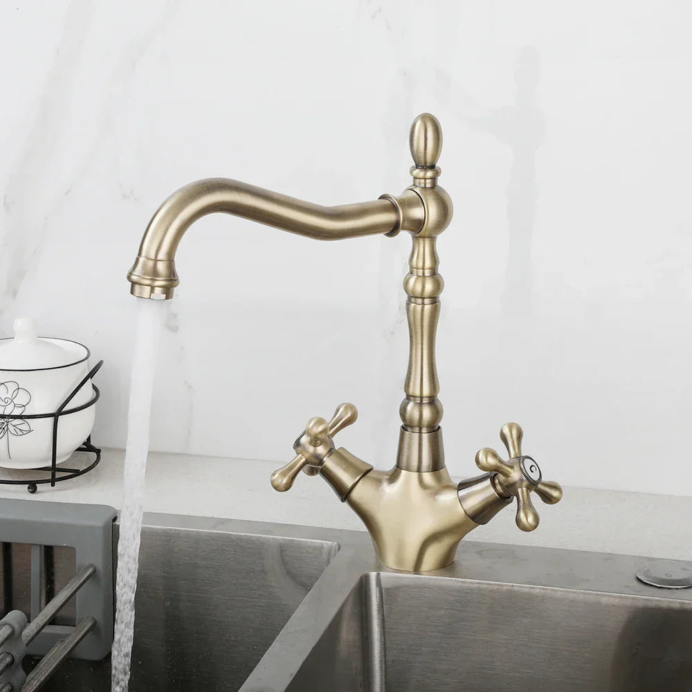 Robinet cuisine évier rétro double poignées - Doré - Laiton