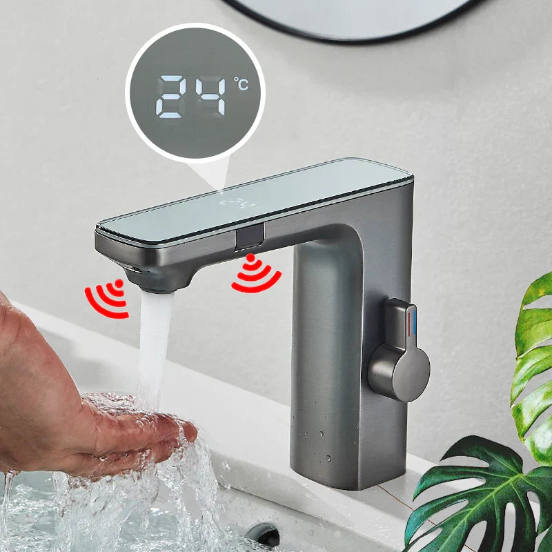 Robinet lavabo tactile affichage thermostatique numérique - Argenté - Laiton