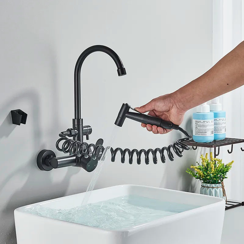 Robinet évier cuisine mural encastrable douchette pistolet flexible - Noir