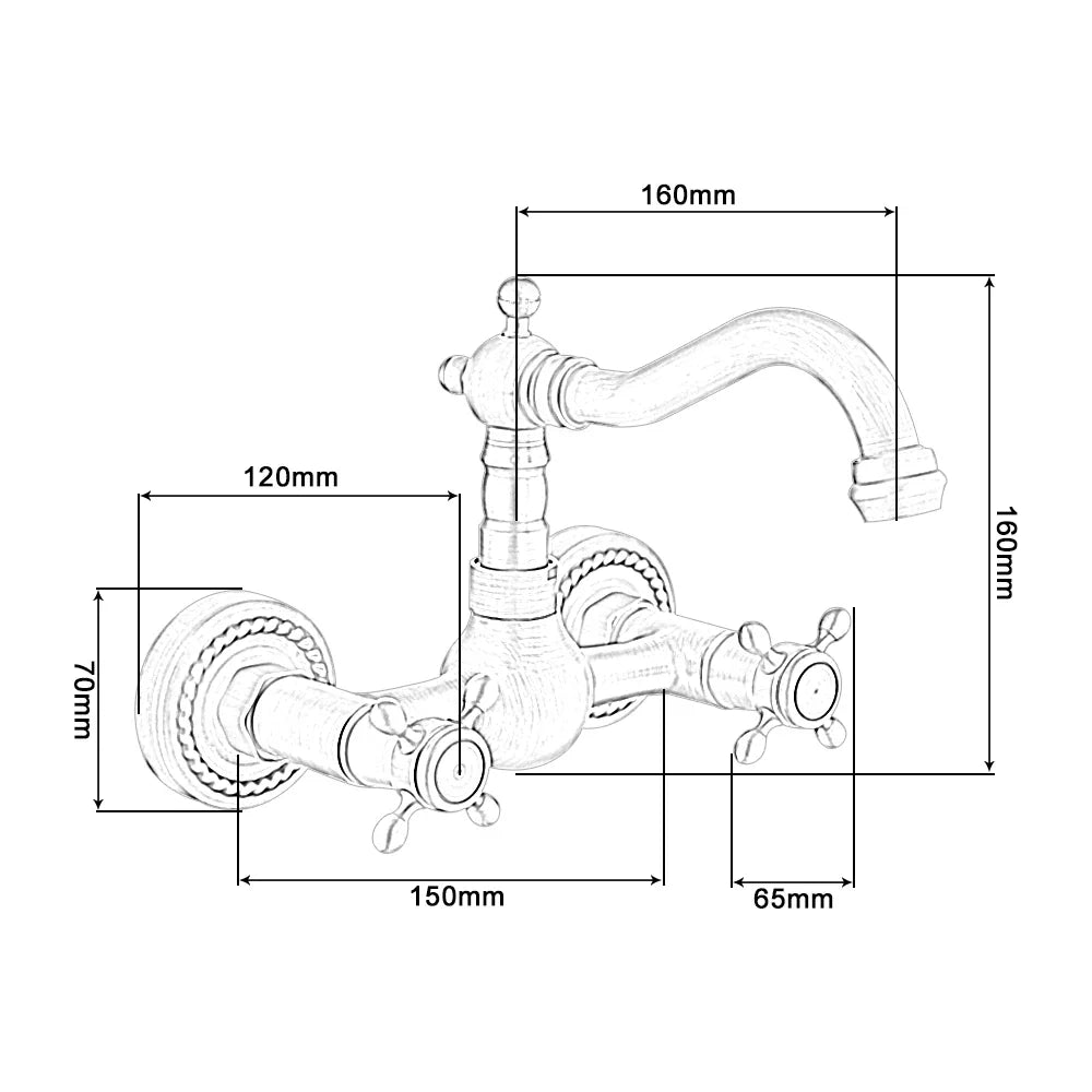 Robinet évier de cuisine vintage mural double poignées - Doré - Laiton