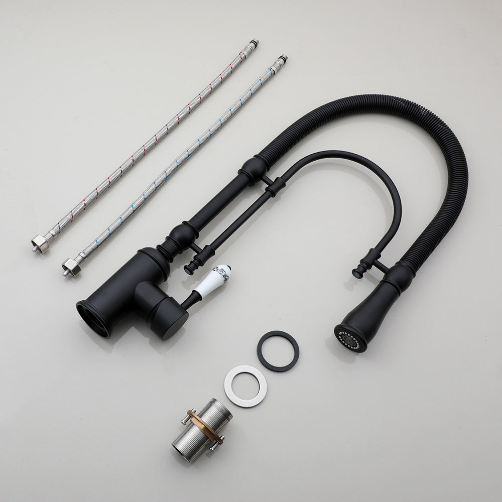 Robinet cuisine évier douchette rétro poignée céramique - Noir - Laiton