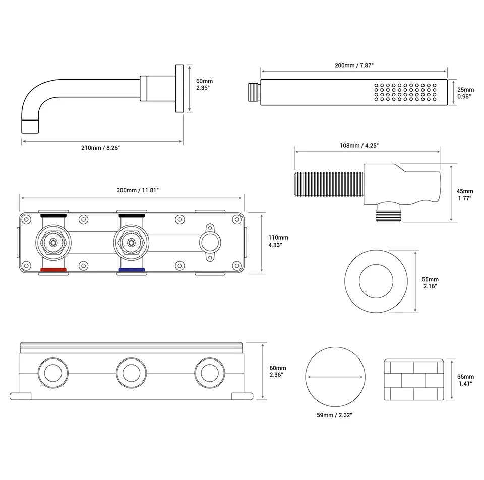 Robinet baignoire salle de bain minimaliste mural encastrable douchette - Argenté - Laiton