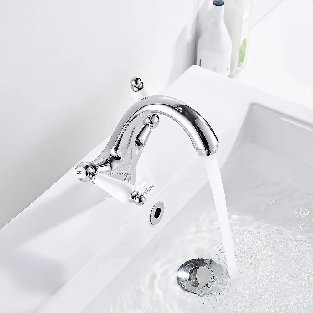 Robinet rétro lavabo deux poignées céramique - Argenté - Laiton