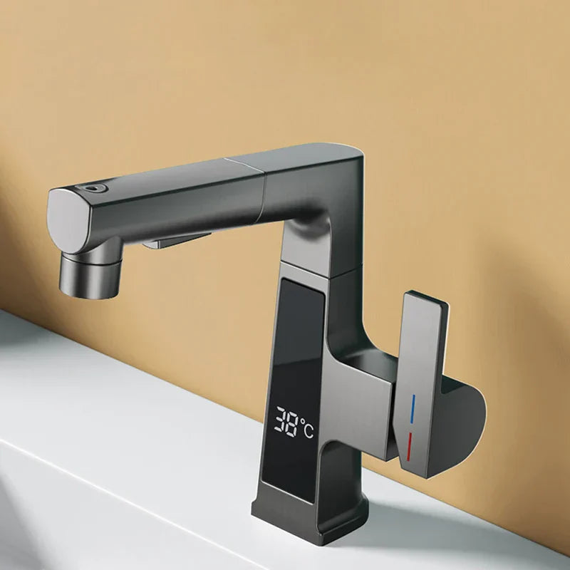 Robinet affichage température douchette salle de bain lavabo - Argenté - Laiton